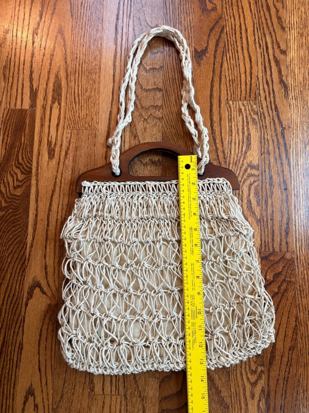 Vintage Simon New York Macrame Bag Wood Handle Italy 60s 70s Boho - Picture 3 of 6